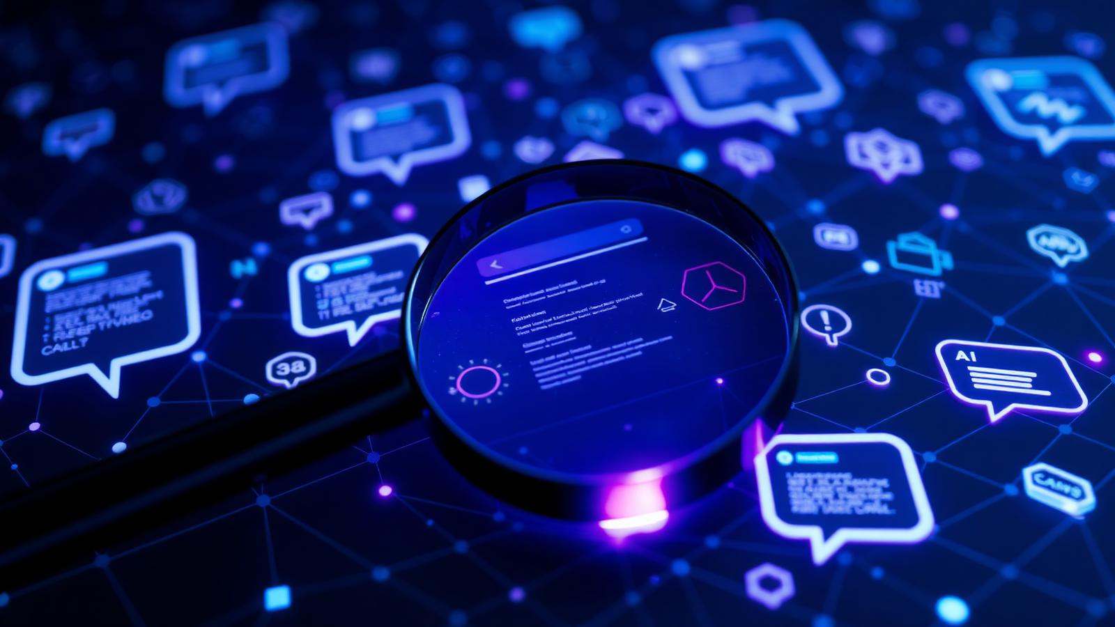 Magnifying glass over a glowing constellation of AI chat bubbles and search results, on a deep midnight navy backdrop