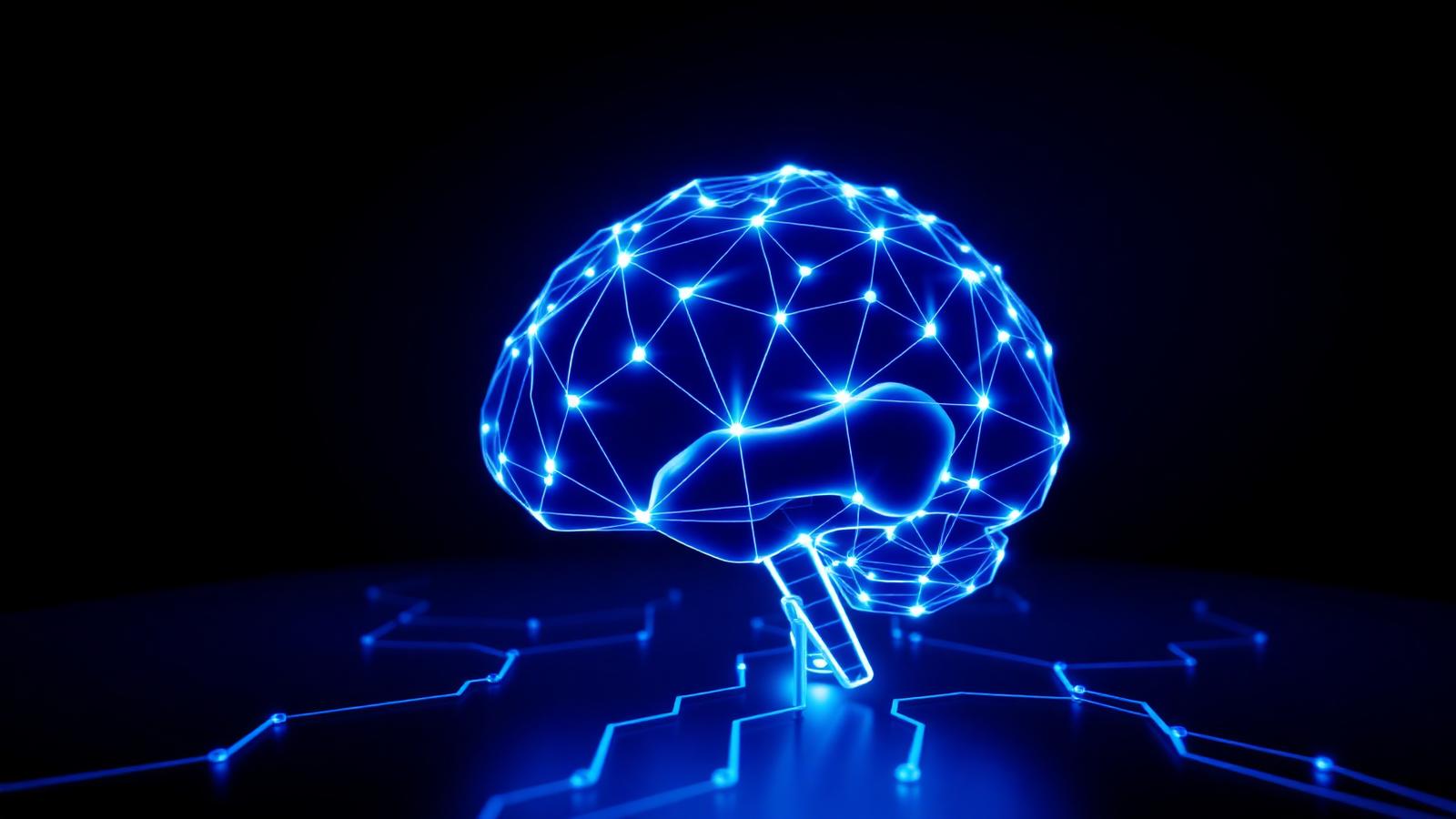 Glowing geometric brain made of indigo light circuits, representing an Agentic Operating System